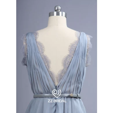 ZZ bridal V-neck and V-back ruffled silver A-line long evening dress