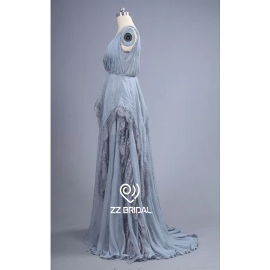 ZZ Bridal v-neck and v-Back Down Silver a-line lange Evening Dress