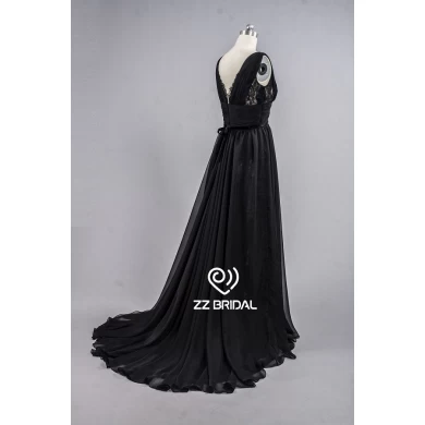 ZZ bridal V-neck and V-back velvet ruffled A-line long evening dress