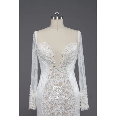 ZZ bridal V-neck and long sleeve scarf lace wedding dress