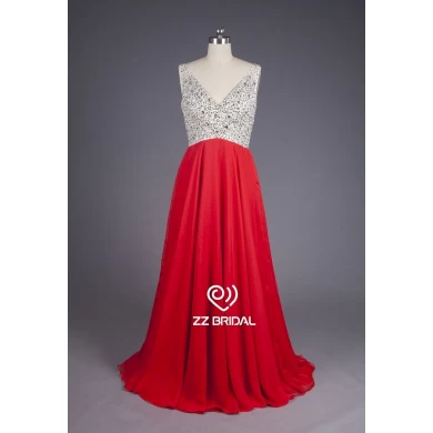 ZZ Bridal v-cou en mousseline de soie perlée a-line robe de soirée long
