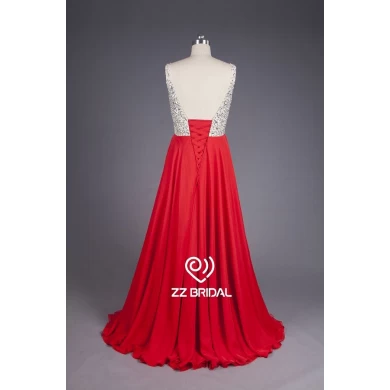 ZZ bridal V--neck backless beaded chiffon A-line long evening dress