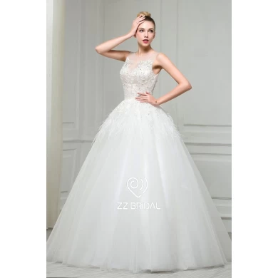 ZZ bridal boat neck feather lace appliqued A-line wedding dress