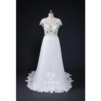 ZZ bridal cap-sleeves beaded chiffon A-line wedding dress