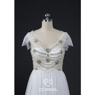 ZZ bridal cap-sleeves beaded chiffon A-line wedding dress