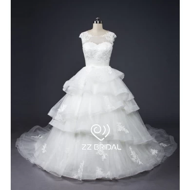 ZZ bruids capsleeve gegolfde lace opgestikte bal toga trouwjurk