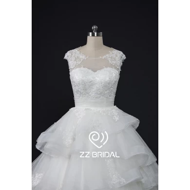 ZZ bridal capsleeve ruffled lace appliqued ball gown wedding dress