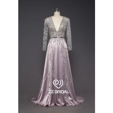 ZZ bridal deep V-neck  long sleeve beaded A-line long evening gown