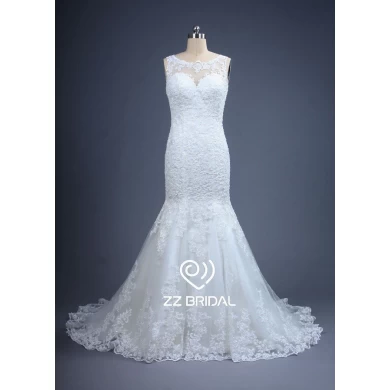ZZ bridal illusion neckline lace appliqued mermaid wedding dress