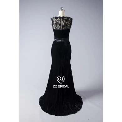 ZZ bridal illusion neckline lace appliqued velvet A-line long evening dress