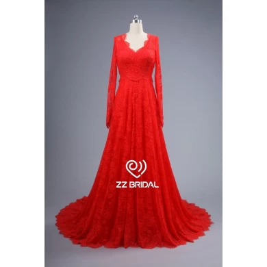 ZZ Bridal manches longues v-Neck dentelle rouge a-line robe de soirée longue