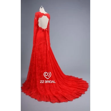 ZZ bridal long sleeve V-neck red lace A-line long evening dress