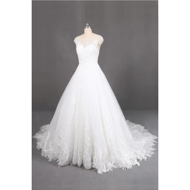 ivory long train wedding gowns with handmade lace applique capshoulder wedding dress