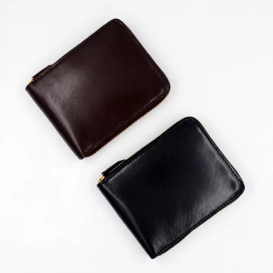 Leather zipper medium wallet-Wholesale leather wallet-Men black leather Purse