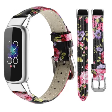 CBFL08 Floral Printed Genuine Leather Watch Band Strap For Fitbit Luxe Smart Fitness Watch