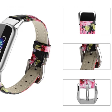 CBFL08 Floral Printed Genuine Leather Watch Band Strap For Fitbit Luxe Smart Fitness Watch