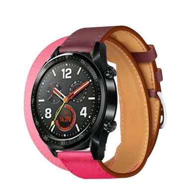 CBHW31 Double Tour Contrast Color Geniune Leather Watch Strap  For Huawei Watch GT
