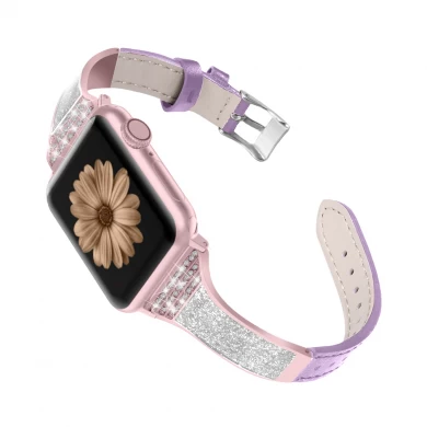 CBIW231 Bling Diamond Ceramic Genuine Leather Watchband For Apple Watch 44mm 40mm 42mm 38mm