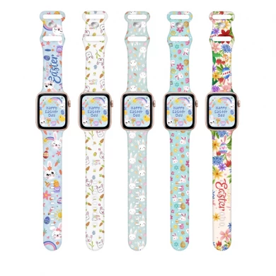 CBIW484 OEM Customized Design Easter Day Egg Rabbit Lily Flower Print Silicone Watch Bands For Apple Watch 38mm 40mm 42mm 44mm 41mm 45mm