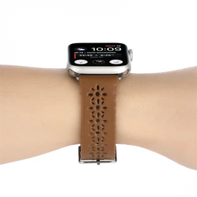 CBIW517 Hollow-Out Plum Patroon Echt lederen horlogeband voor Apple Watch Series 7 SE 6 5 4 3 2 1