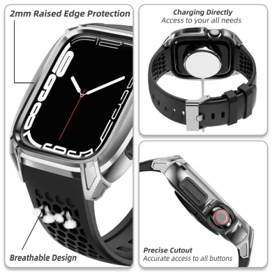 CBIW542 Replacement Silicone Watch Wrist Strap Band For Apple Watch 44mm 45mm With Metal Protective Case