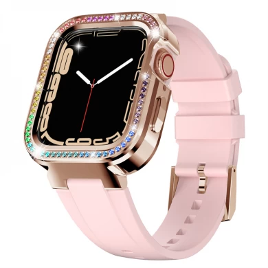 CBIW544 Luxury Diamond Metal Watch Case Silicone Strap Band For Apple Watch 40/41mm