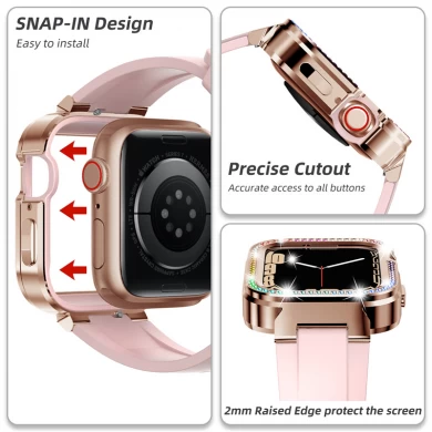 CBIW544 Luxury Diamond Metal Watch Case Silicone Strap Band pour Apple Watch 40 / 41mm