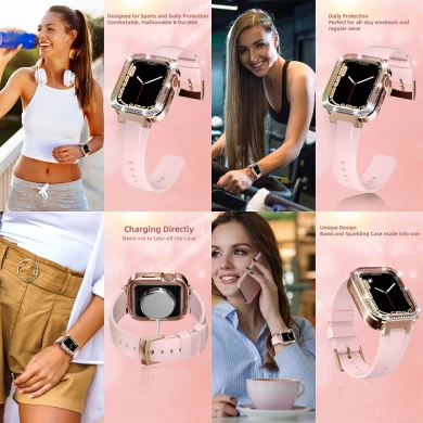 CBIW544 Luxury Diamond Metal Watch Case Silicone Strap Band voor Apple Watch 40/41mm