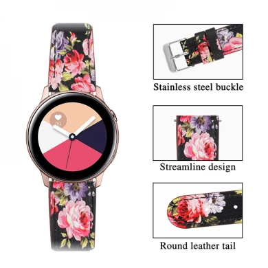 CBSW28 Banda de reloj de cuero genuino con estampado floral para Samsung Galaxy Watch Active