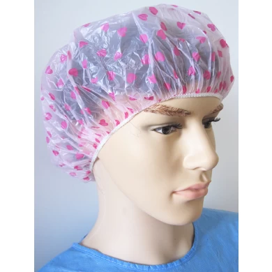 Disposable PE Shower Cap with Heart-Shaped in Pink