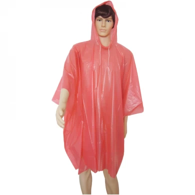 Disposable PEVA Red Poncho Hooded With String