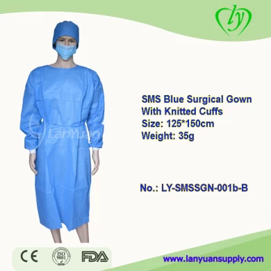 High quality Disposable Blue Medical SMS Surgical Gown With Knitted Cuffs