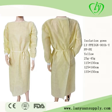 PP+PE Yellow Disposable Hospital Medical Isolation Gowns with Kintted Cuffs