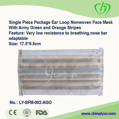 Single Piece Package Ear Loop Nonwoven Face Mask With Army Green and Orange Stripes