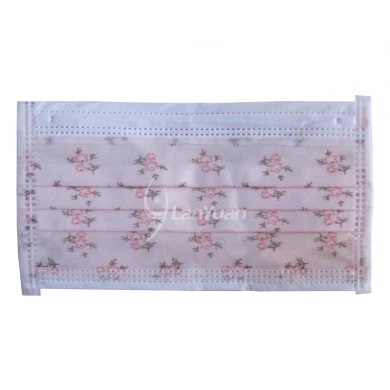 Single Piece Package Ear Loop Nonwoven Pink Face Mask With Flowers Pattern