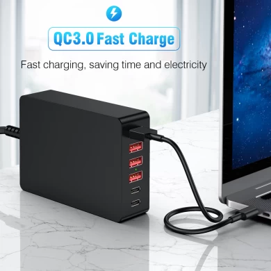 E-sun 60W Multi Port Charging Station 6 Port USB Type-C PD Charger QC3.0 Fast Charger For Laptop Smart Phone Tablet