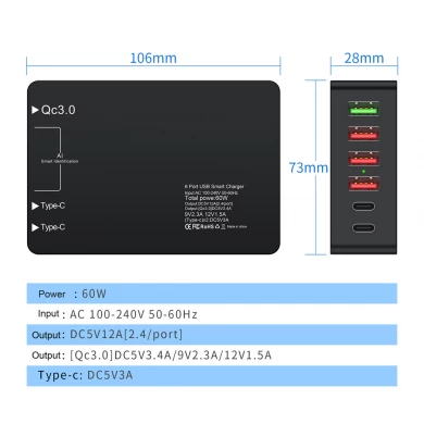E-sun 60W Multi Port Station de charge 6 Port USB Type-C PD Charger QC3.0 Chargeur rapide pour tablette de téléphone intelligent pour ordinateur portable