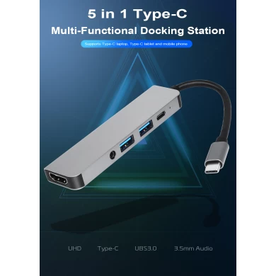 E-Sun USB C Hub Docking Station Adapter Hub 5 in 1Type C Hub with Audio Jack &2 USB 3.0 Ports & 4K UHD for Type-C Laptops