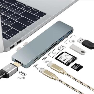 E-Sun USB C Hub Dockingstation Adapter Hub 7 in 1Type C Hub mit SD / TF-Karte und 2 USB 3.0-Anschlüssen und 4K UHD für zwei Typ C-Laptops