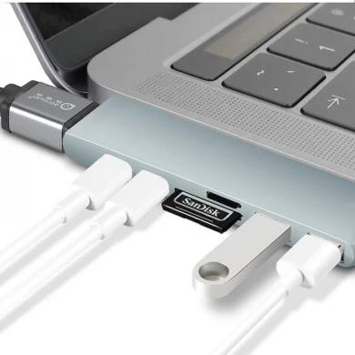 E-Sun USB C Hub Dockingstation Adapter Hub 7 in 1Type C Hub mit SD / TF-Karte und 2 USB 3.0-Anschlüssen und 4K UHD für zwei Typ C-Laptops