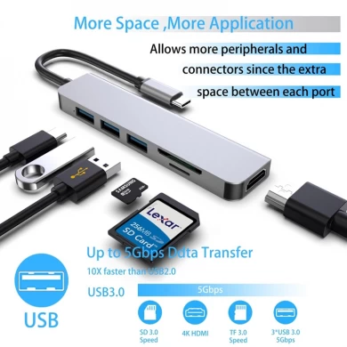 E-Sun USB Hub for Type C laptop 6 in 1 Type C USB C Hub Docking Adapter to 3.0 USB SD TF Card Reader & 4K UHD HUB