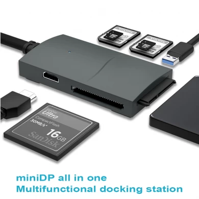 Adaptateur de station d'accueil E-Sun Mini DP USB3.0 8 en 1 Hub vers CF6.0, SATA3.0 et 1.4 UHD pour Surface Pro