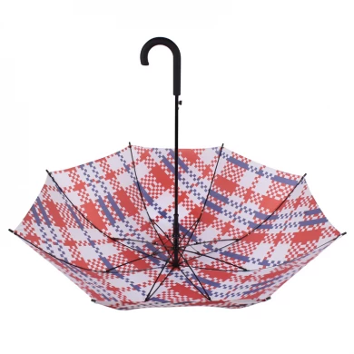 27 Inch Automatic Opening Chinese Style Red and Blue Printed Fiberglass Windproof Frame Straight Umbrella