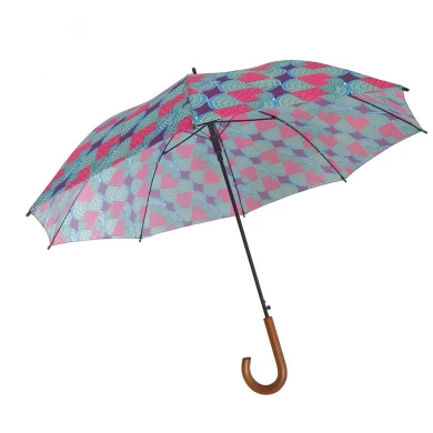 Parapluie droit en bois d'OEM de poignée incurvé par bois de Blcak de tissu d'impression de 27Inch * 8k