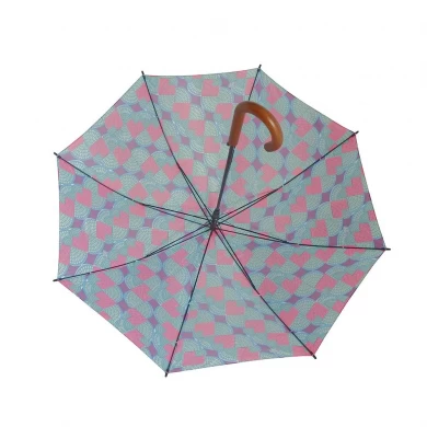 27Inch * 8k Check Print Fabric Blcak Wooden Curved Handle OEM Straight Umbrella