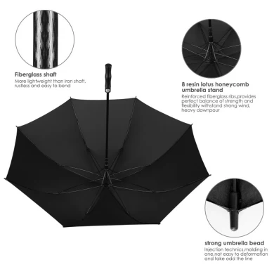 Usine chinoise 60 pouces coupe-vent extra-large imperméable à l'eau 8 nervures automatique ouvert bâton de golf noir parapluie