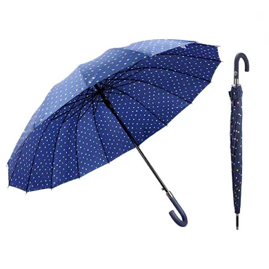 클래식 네이비 블루 50 인치 폴카 도트 인쇄 16 리브 자동 개방 방풍 방수 J 손잡이 스틱 우산