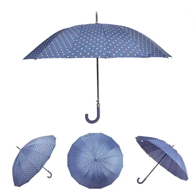 Azul marino clásico 50 pulgadas estampado de lunares 16 costillas automático abierto a prueba de viento impermeable J mango paraguas paraguas