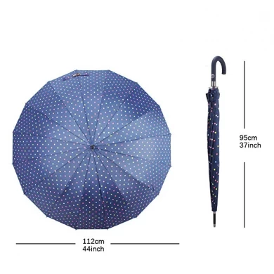 Klassiek marineblauw 50 inch polkadotprint 16 ribben automatisch open winddicht Waterdicht J handvat Stick paraplu