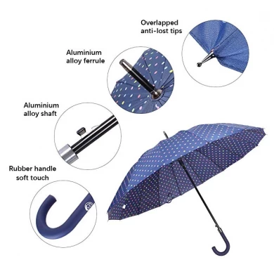 클래식 네이비 블루 50 인치 폴카 도트 인쇄 16 리브 자동 개방 방풍 방수 J 손잡이 스틱 우산